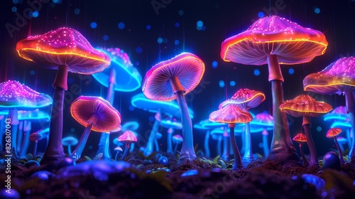 Toadstools illustrated with neon lights on dark backgrounds. AI-generated illustration.