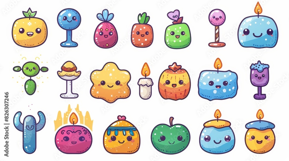 A cute collection of cartoon Hanukkah symbols with smiling faces. A cute collection of cartoon Hanukkah symbols with smiling faces.