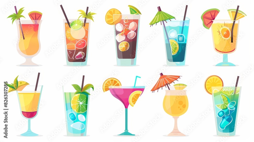 Delicious alcoholic cocktail set on a white background. Various colored drinks and mixed drinks. Pink cocktails in a glass. Exotic tropical beach bar on a white background. Cartoon icon with white Delicious alcoholic cocktail set on a white background. Various colored drinks and mixed drinks. Pink cocktails in a glass. Exotic tropical beach bar on a white background. Cartoon icon with white