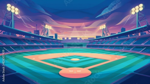 A cartoon illustration of a baseball stadium concept. It shows a sports field with a base and floodlights along with spectator stands and the competition stadium. photo