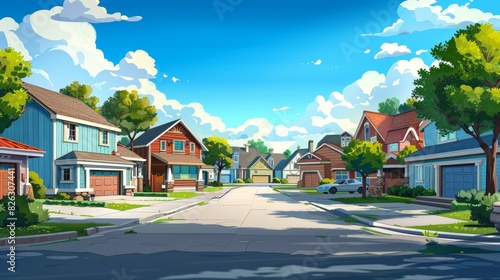 Neighborhood with cartoon houses, garages, gardens and driveways in a suburban setting. Modern suburban landscape with cottages, facade exteriors of modern buildings, blue sky.