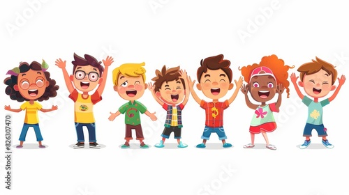 Children smiling and waving their hands on a white background. Modern illustration.