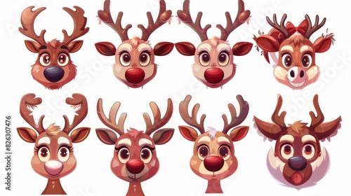 Isolated on white background  cute cartoon reindeer face with Christmas decorations. Modern illustration.