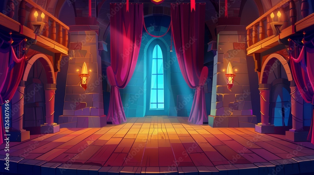Modern illustration of a theater stage cartoon background for game animation. Red curtains, decorations, and spotlights at theatre interior with wooden scene.