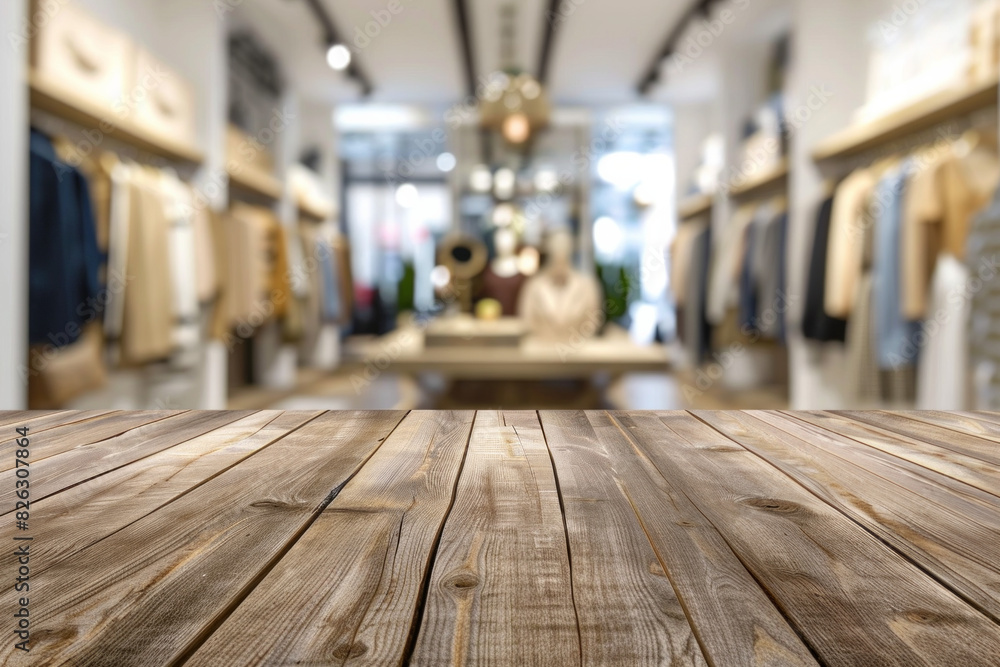 A wooden display table in the foreground with a blurred background of a fashion boutique. The background features stylish clothing racks, mannequins dressed in the latest fashions. A wooden display table in the foreground with a blurred background of a fashion boutique. The background features stylish clothing racks, mannequins dressed in the latest fashions.