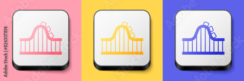 Isometric Roller coaster icon isolated on pink, yellow and blue background. Amusement park. Childrens entertainment playground, recreation park. Square button. Vector