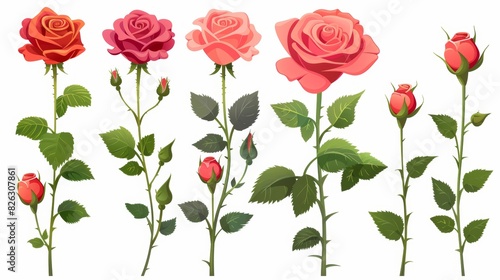 In this modern illustration of spring and summer flowers  you ll find a set of beautiful red and pink roses with closed and open buds and green leaves isolated on white.