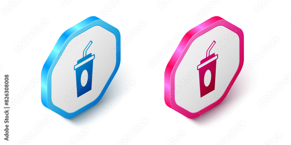 Isometric Paper glass with drinking straw and water icon isolated on white background. Soda drink glass. Fresh cold beverage symbol. Hexagon button. Vector Isometric Paper glass with drinking straw and water icon isolated on white background. Soda drink glass. Fresh cold beverage symbol. Hexagon button. Vector