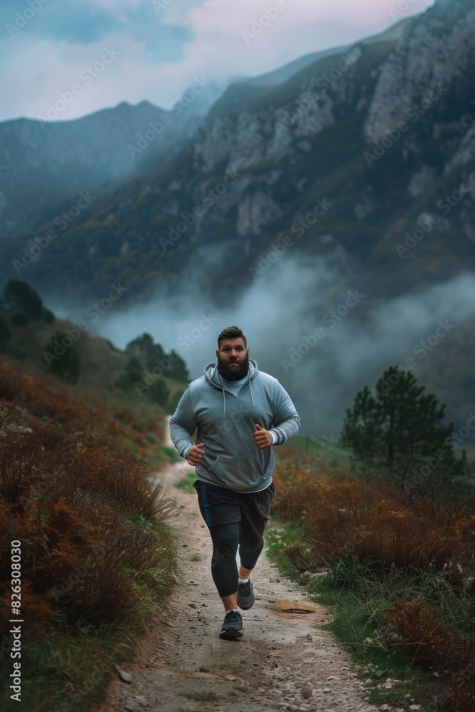A man dressed in athletic gear is sprinting down a dirt trail amidst the towering mountains