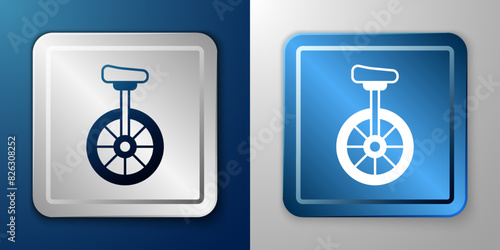 White Unicycle or one wheel bicycle icon isolated on blue and grey background. Monowheel bicycle. Silver and blue square button. Vector