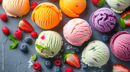 Various flavors of ice cream and fresh berries arranged on a table in a colorful display photo