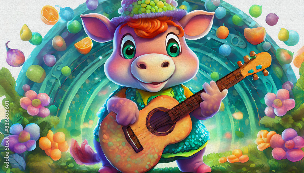 Fototapeta premium oil painting style CARTOON CHARACTER baby Hippo Young aspiring musician holding an guitar with stage, 