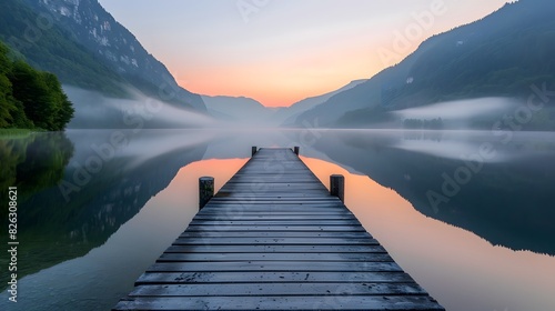 A long wooden pier extends into the calm lake, surrounded by misty mountains and lush greenery at sunrise. 