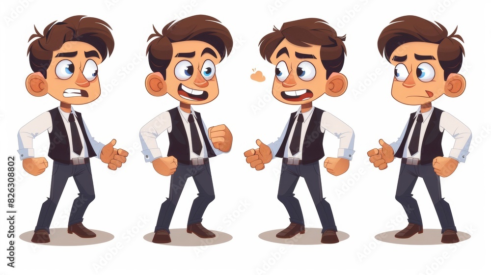 A cartoon character portraying a businessman experiencing different emotions as he designs.