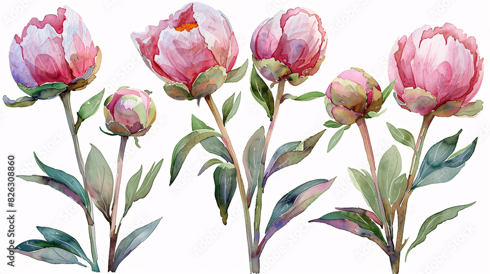 Obraz premium Modern watercolor drawings of garden-inspired flowers and foliage, ideal for celebration and event designs, isolated on white background