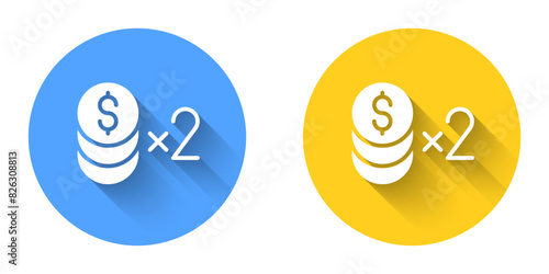 White Casino chip with dollar symbol icon isolated with long shadow background. Casino gambling. Circle button. Vector