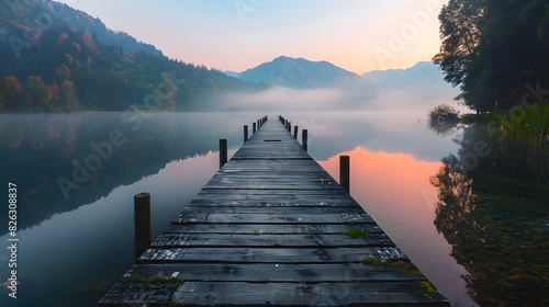 A long wooden pier extends into the calm lake, surrounded by misty mountains and lush greenery at sunrise.
 photo