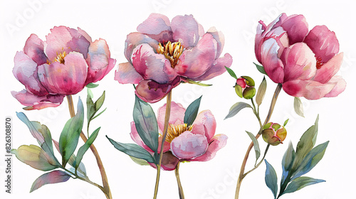 Fototapeta Naklejka Na Ścianę i Meble -  Modern watercolor drawings of garden-inspired flowers and foliage, ideal for celebration and event designs, isolated on white background