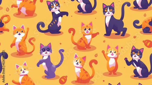 The poster features a cartoon cat character seamless pattern with different cat poses and emotions. It is designed in a flat color and simple style.