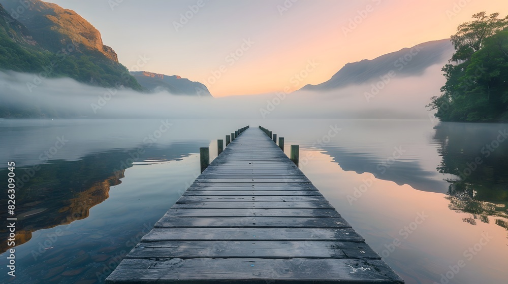 Fototapeta premium A long wooden pier extends into the calm lake, surrounded by misty mountains and lush greenery at sunrise. 