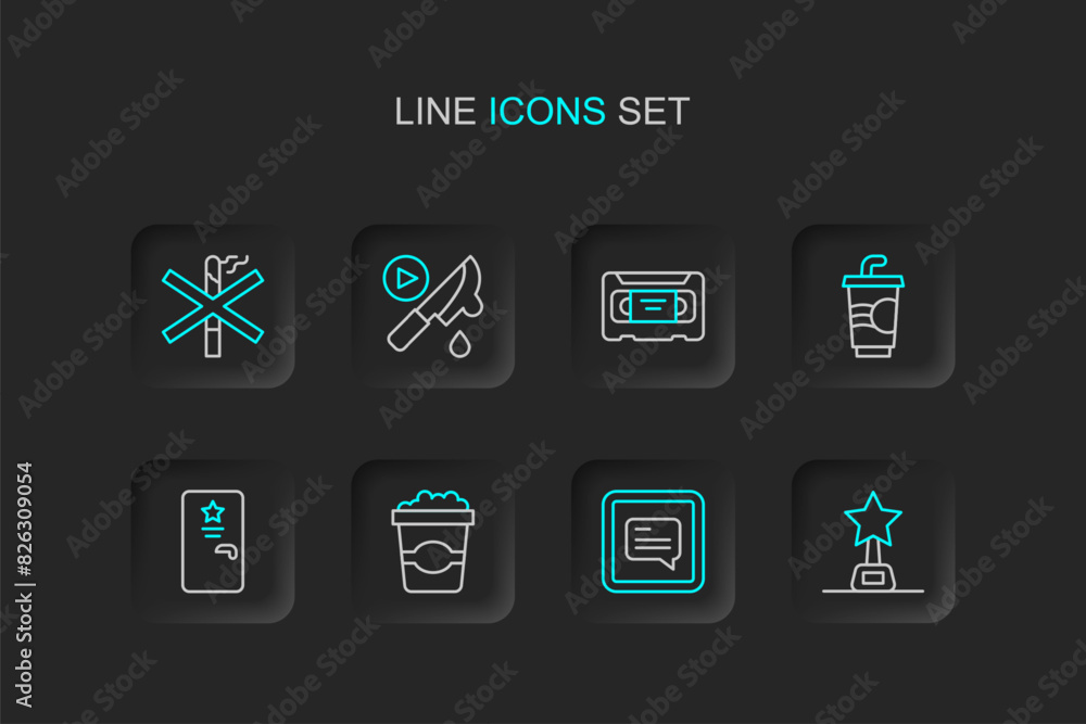 Set line Movie trophy, Video with subtitles, Popcorn in cardboard box, Backstage, Paper glass water, VHS video cassette tape, Thriller movie and No smoking icon. Vector Set line Movie trophy, Video with subtitles, Popcorn in cardboard box, Backstage, Paper glass water, VHS video cassette tape, Thriller movie and No smoking icon. Vector