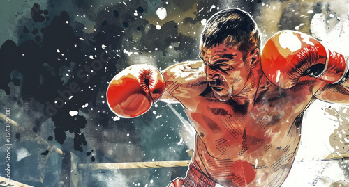 A painting of a man dressed in boxing gloves, showcasing his strength and determination photo
