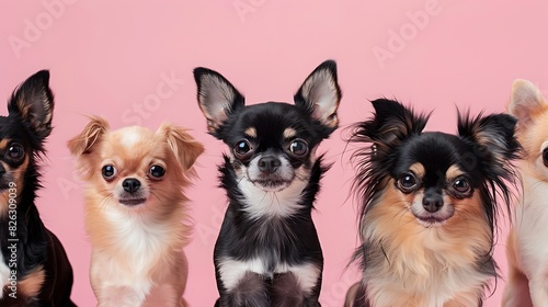 A studio shot of five chihuahua dogs against a pink background