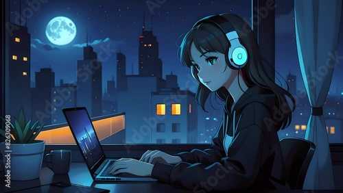 An animated anime girl with headphones is seated in front of a laptop computer, a big night city on the background