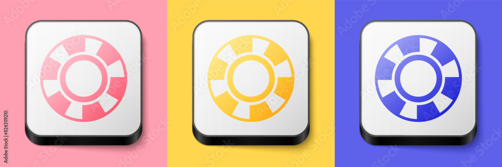 Isometric Casino chips icon isolated on pink, yellow and blue background. Casino gambling. Square button. Vector Isometric Casino chips icon isolated on pink, yellow and blue background. Casino gambling. Square button. Vector