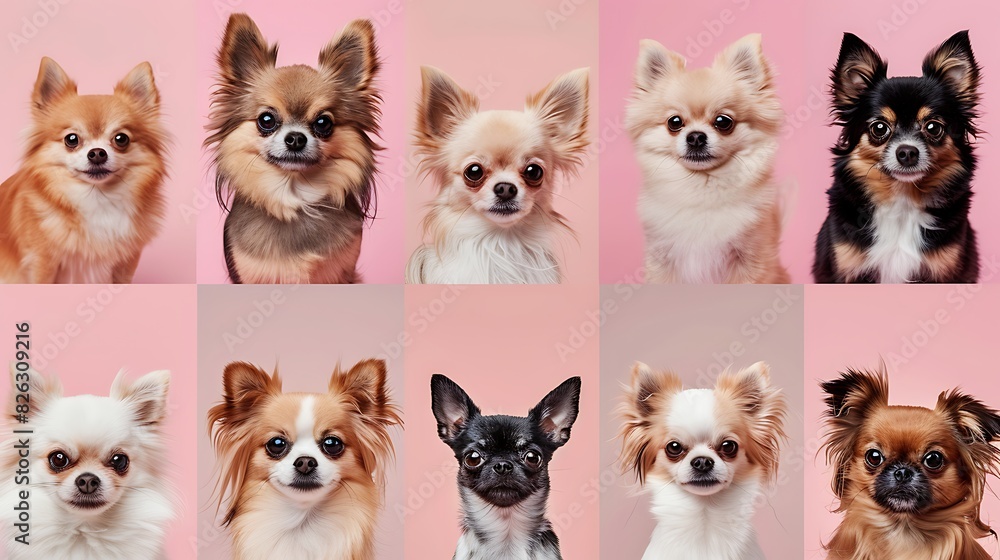 A studio shot of ten different colored chihuahua dogs against a pink background. A studio shot of ten different colored chihuahua dogs against a pink background.