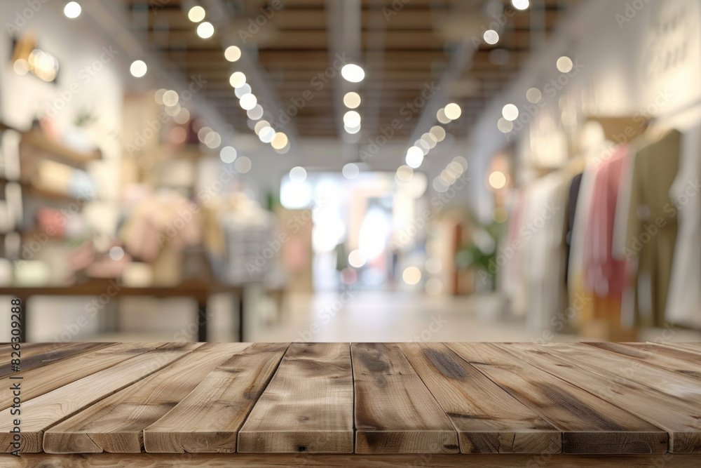 A wooden display table in the foreground with a blurred background of a fashion boutique. The background features stylish clothing racks, mannequins dressed in the latest fashions. A wooden display table in the foreground with a blurred background of a fashion boutique. The background features stylish clothing racks, mannequins dressed in the latest fashions.