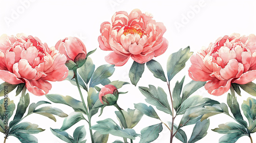 Fototapeta Naklejka Na Ścianę i Meble -  Nature-inspired watercolor drawings of pink peonies and leaves, great for summer celebrations, isolated on white background