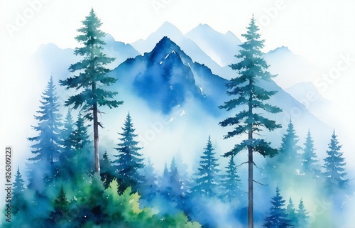 In a stunning watercolor painting  majestic mountains stand tall amidst lush forests  their beauty captured in vibrant hues and delicate brushstrokes