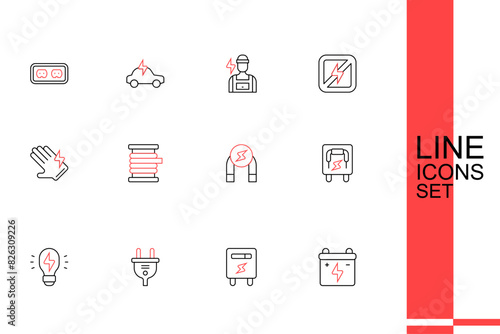 Set line Car battery, Electric meter, plug, Creative lamp light idea, Electrical panel, Magnet, Wire electric cable on reel and glove icon. Vector