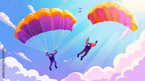 Animated cartoon skydivers. Jump with parachute and paraglider, extreme danger. Modern parachuting flat illustration.