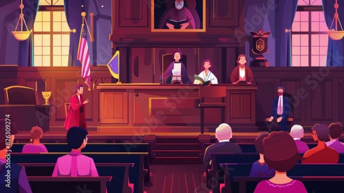 Legal defense, public hearing, and criminal procedure in a court room or tribunal. Cartoon, colorful modern illustration illustration of an advocate or barrister giving a speech.