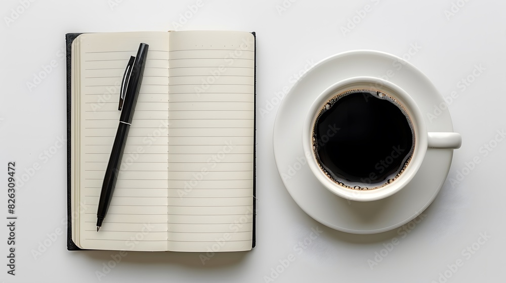 A photo of an open notebook, on the left side there is black pen and a cup of coffee next to it, with a white background, from a top view, in a minimalistic style, stock photography.
A photo of an open notebook, on the left side there is black pen and a cup of coffee next to it, with a white background, from a top view, in a minimalistic style, stock photography.