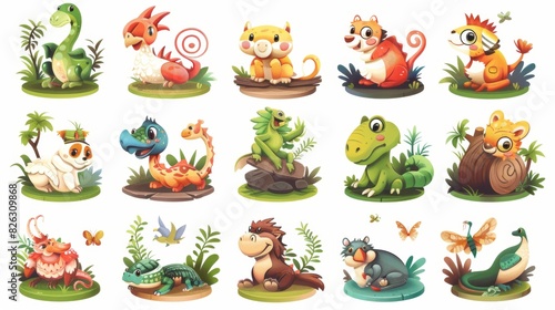 World fauna with funny animals, birds, and reptiles. Illustrations.