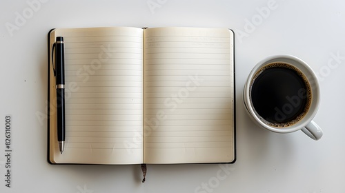 A photo of an open notebook, on the left side there is black pen and a cup of coffee next to it, with a white background, from a top view, in a minimalistic style, stock photography. 