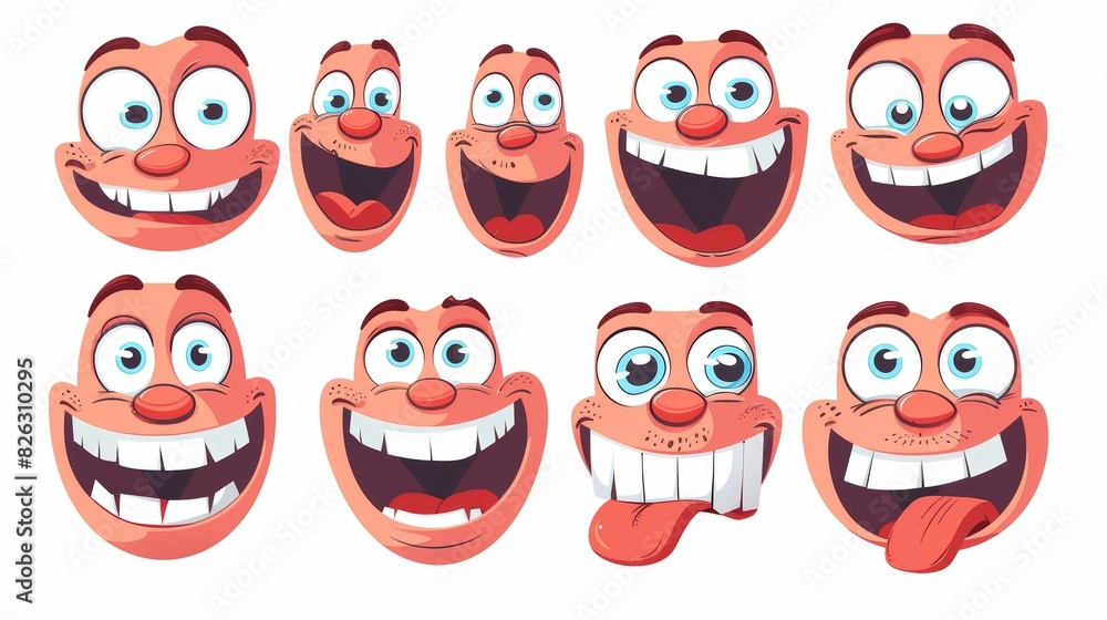 Laughing cartoon character with different mouths and eyes. Happy tongue cartoon character, interested expression. Modern set.
