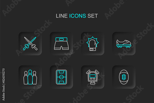 Set line American Football ball, Stopwatch, field, Bowling pin, shoes, Punch boxing gloves, Boxing short and Fencing icon. Vector