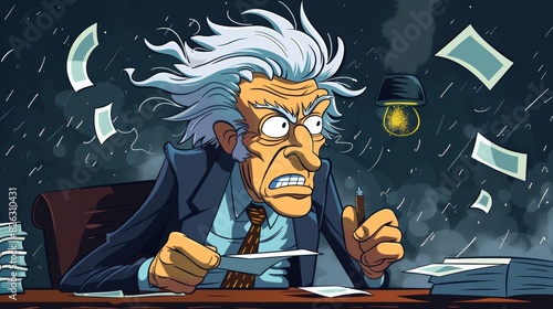 In this cartoon, a businessman's hair turns gray when the New Regulations take effect. photo