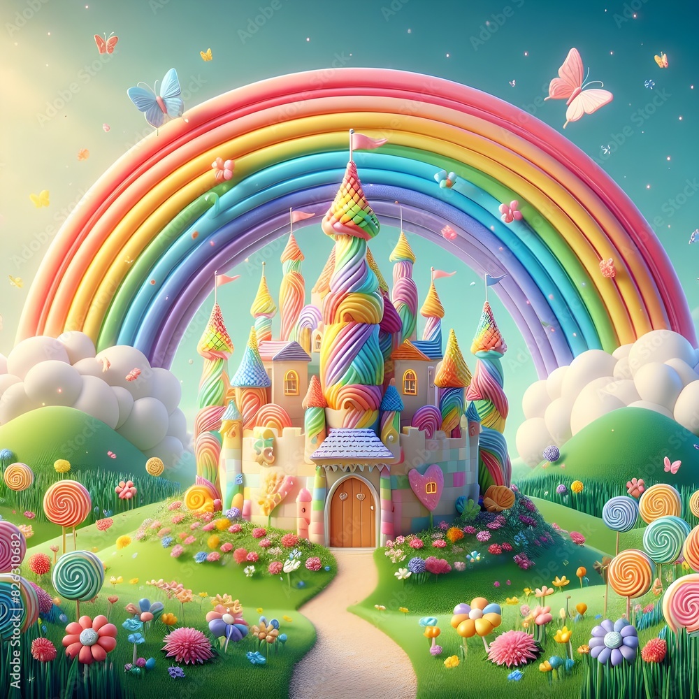 A colorful miniature fairy tail castle on a little hill with a rainbow A colorful miniature fairy tail castle on a little hill with a rainbow