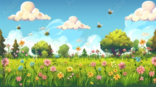 Endless cartoon panorama rural landscape green grass with honey bee flying on flowers in sunny day summer  seamless pattern Spring field with fluffy cloud on blue sky.
