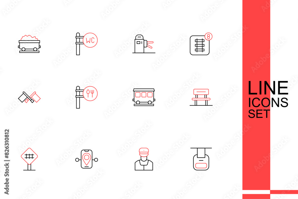 Φωτογραφία Set line Cable car, Train conductor, Route location, Railroad crossing, Waiting hall, Passenger train cars, Cafe and restaurant and Flag icon
