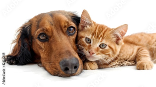 A photo shows a cat and dog sitting together and looking at the camera with a white background.  © horizon