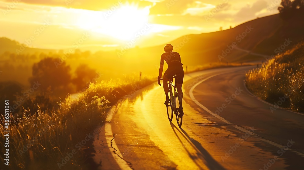 Fototapeta premium Cyclist riding on a winding road at sunset.