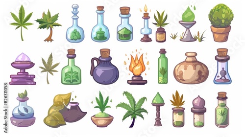 Modern illustration cartoon icons collection on white background with cannabis products.