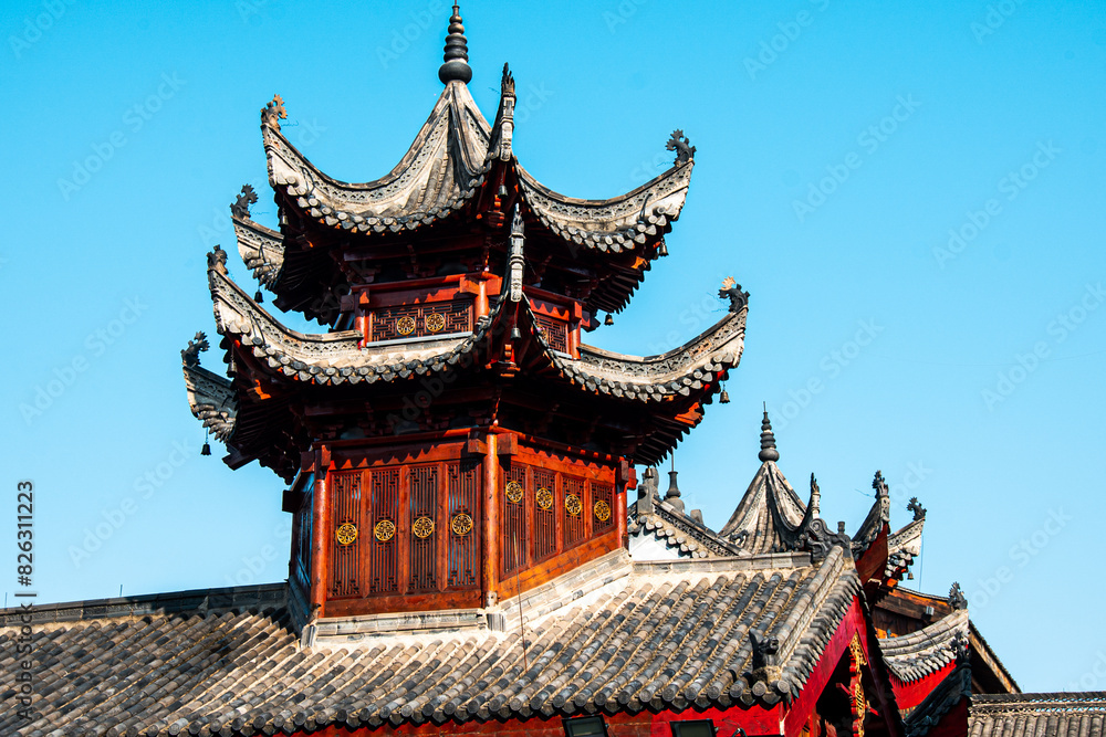 Fototapeta premium Traditional Chinese brick and wood architecture under sunlight in Wuhan, China.