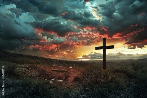 Captivating landscape of a solitary cross silhouetted against a vibrant sunset sky with dramatic clouds